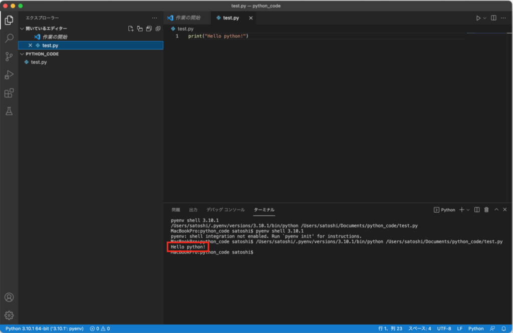 Visual Studio CodeのPythonコード実行結果