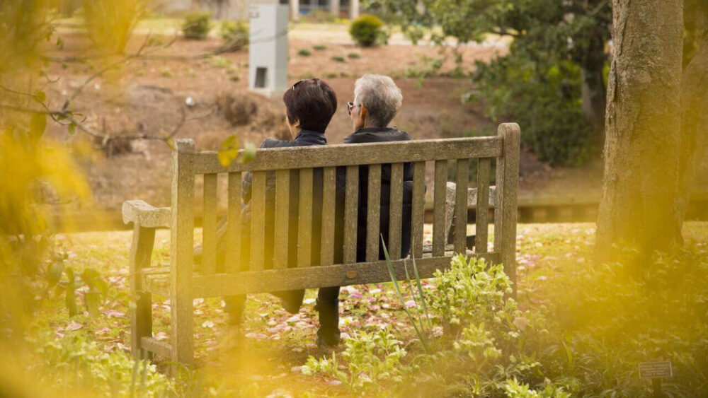 老人と娘がベンチに座る画像